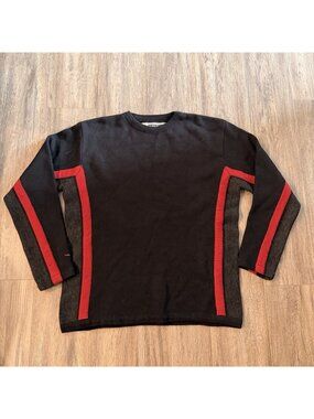 Vintage prAna Men's Sweater Black/Red Acrylic Wool Pullover Striped Crew Neck L